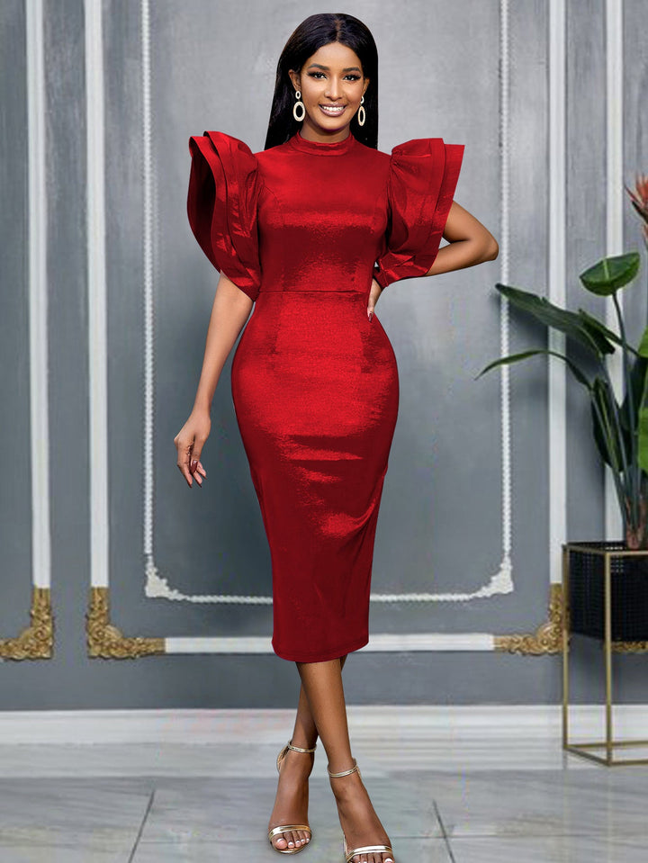 Elegantes Damen Midikleid, figurbetont, mit Puffärmeln; perfekt als Abend- oder Sommerkleid.