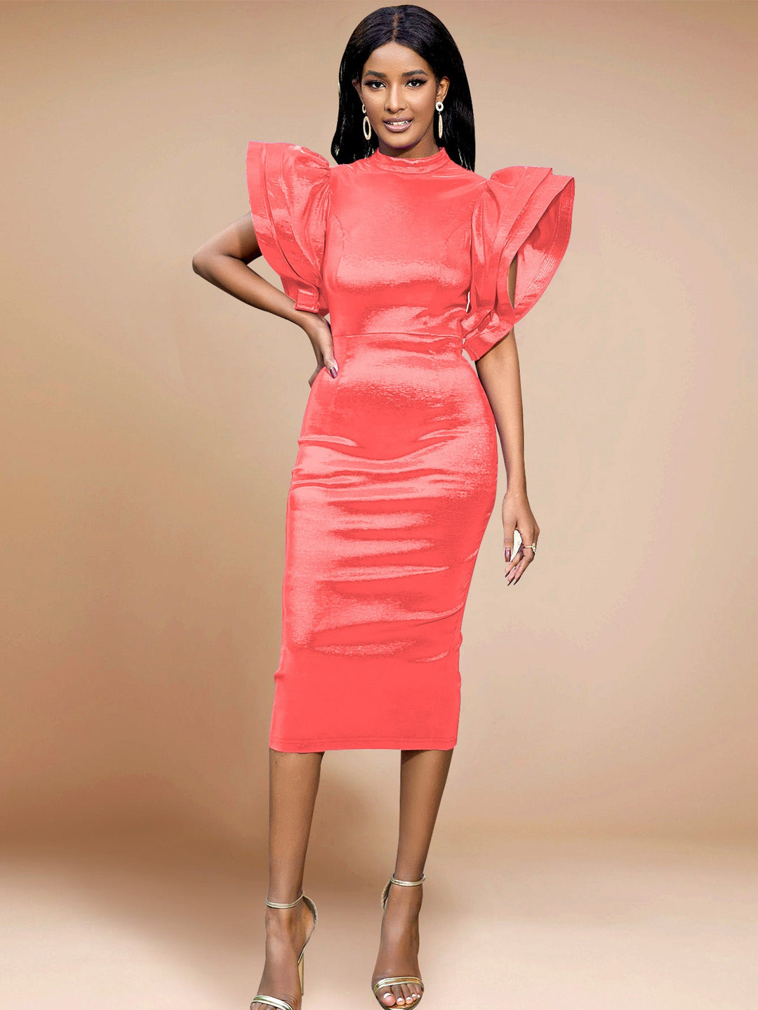 Figurbetontes Damenkleid mit eleganten Puffärmeln und schmeichelhafter Silhouette für besondere Anlässe.