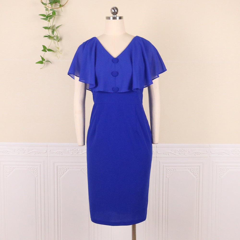 Elegantes Damen Rüschenkleid figurbetont, chic für festliche Anlässe, mit stilvollem V-Ausschnitt.