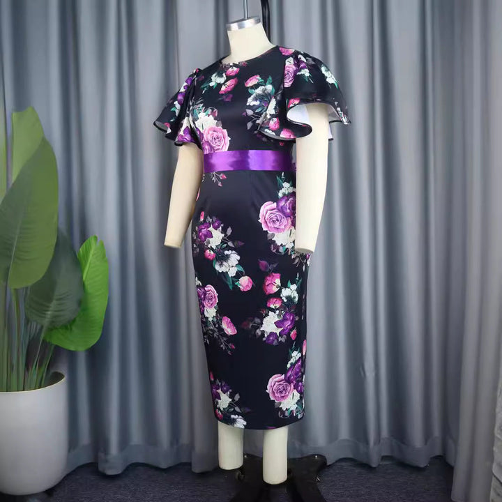 Elegantes Abendkleid für Damen, figurbetont, mit Puffärmeln und Blumenmuster, ideal für festliche Events.