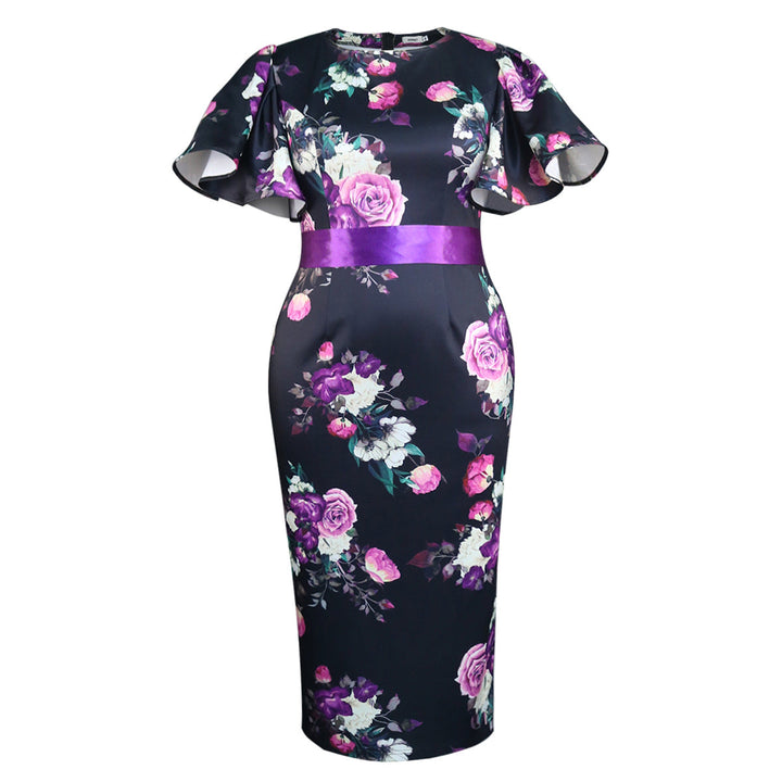 Festliches Gürtelkleid für Damen, figurbetont, mit bezauberndem Blumenmuster und eleganten Puffärmeln.