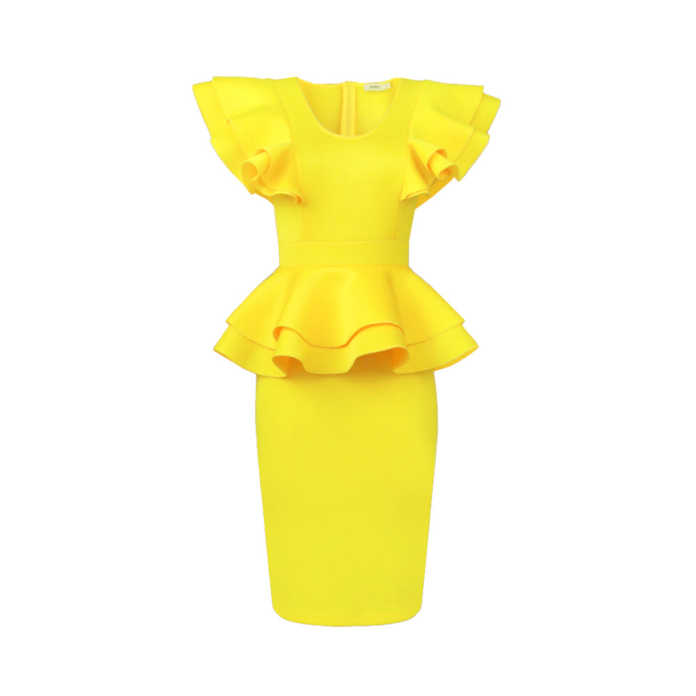Trendiges gelbes Cocktailkleid für Damen, figurbetontes Design mit modischen Rüschen, ideal für Anlässe.