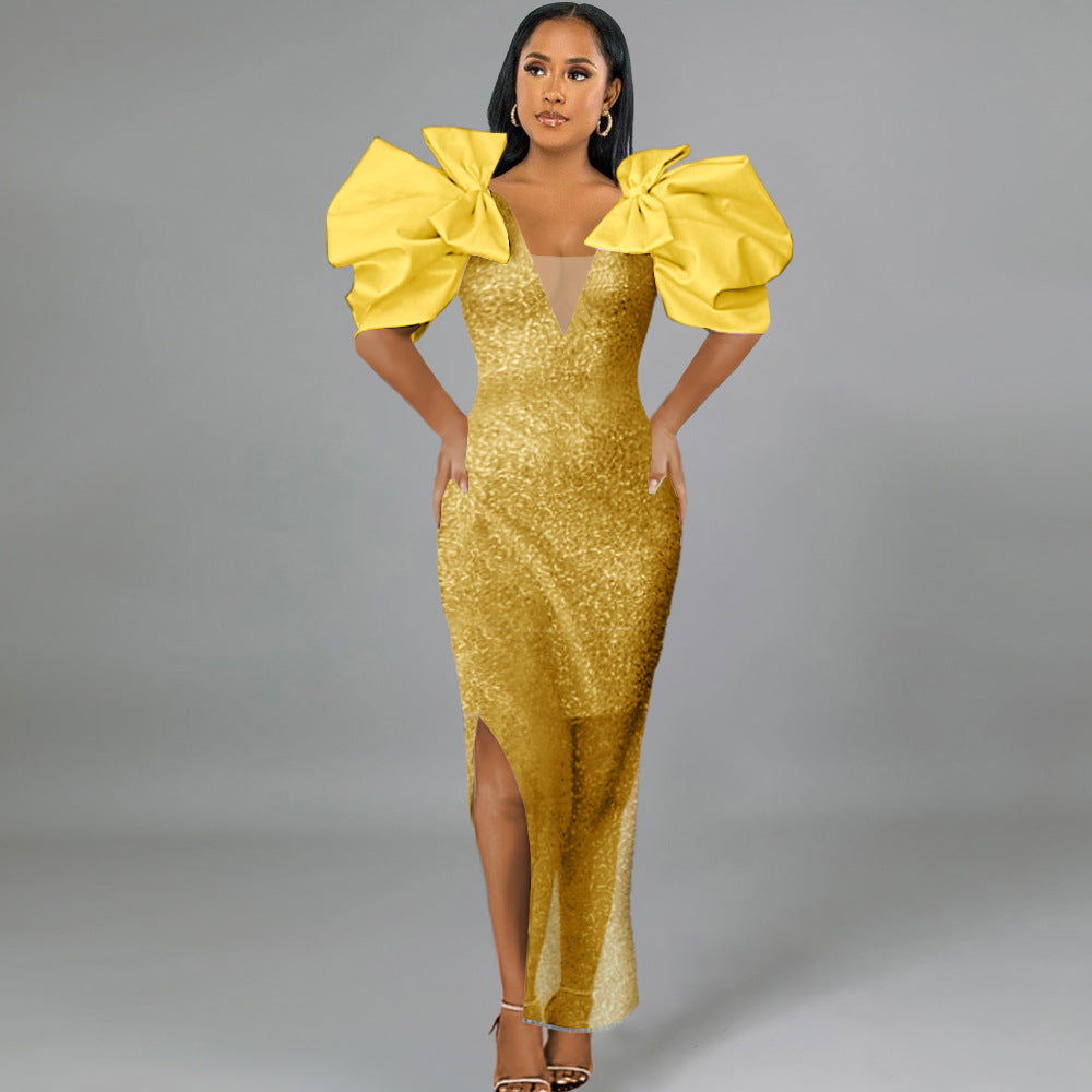 Elegantes Damen-Abendkleid mit V-Ausschnitt & voluminösen Ärmeln, ideal für besondere Anlässe.