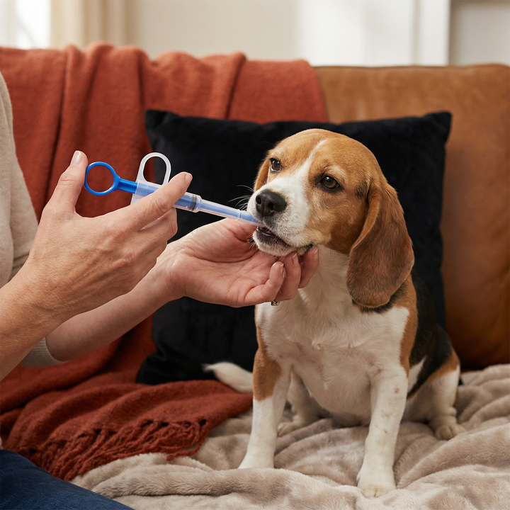 Hand hält praktischen Tablettengeber für Hunde & Katzen; erleichtert die Medikamentengabe und Tierpflege.