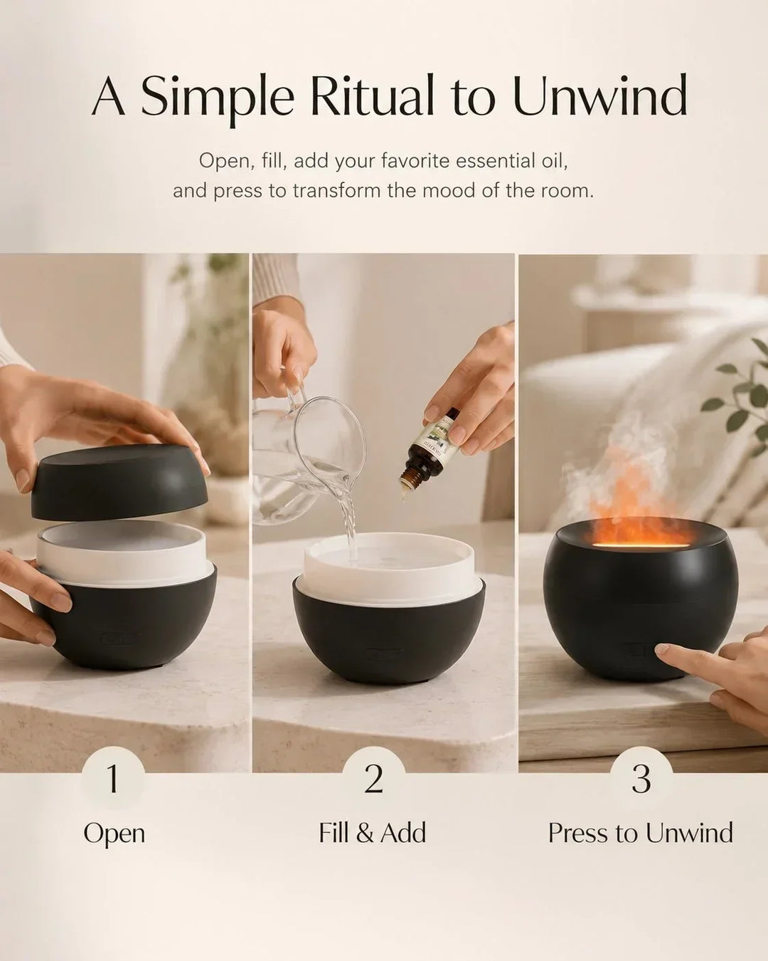 Ultraschall Aroma Diffusor (150ml) mit realistischer Flammenoptik. Für stilvolle Heimdeko & Entspannung.
