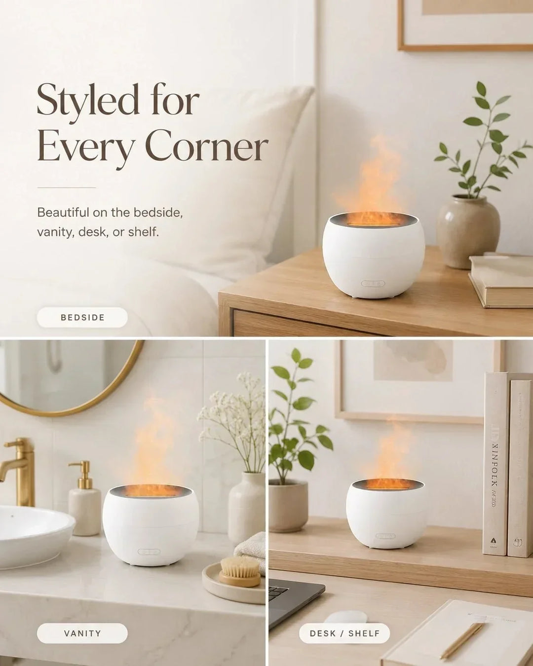 Aroma Diffusor mit 150ml Wassertank und Flammeneffekt LED. Ideal für Aromatherapie & stimmungsvolles Licht.