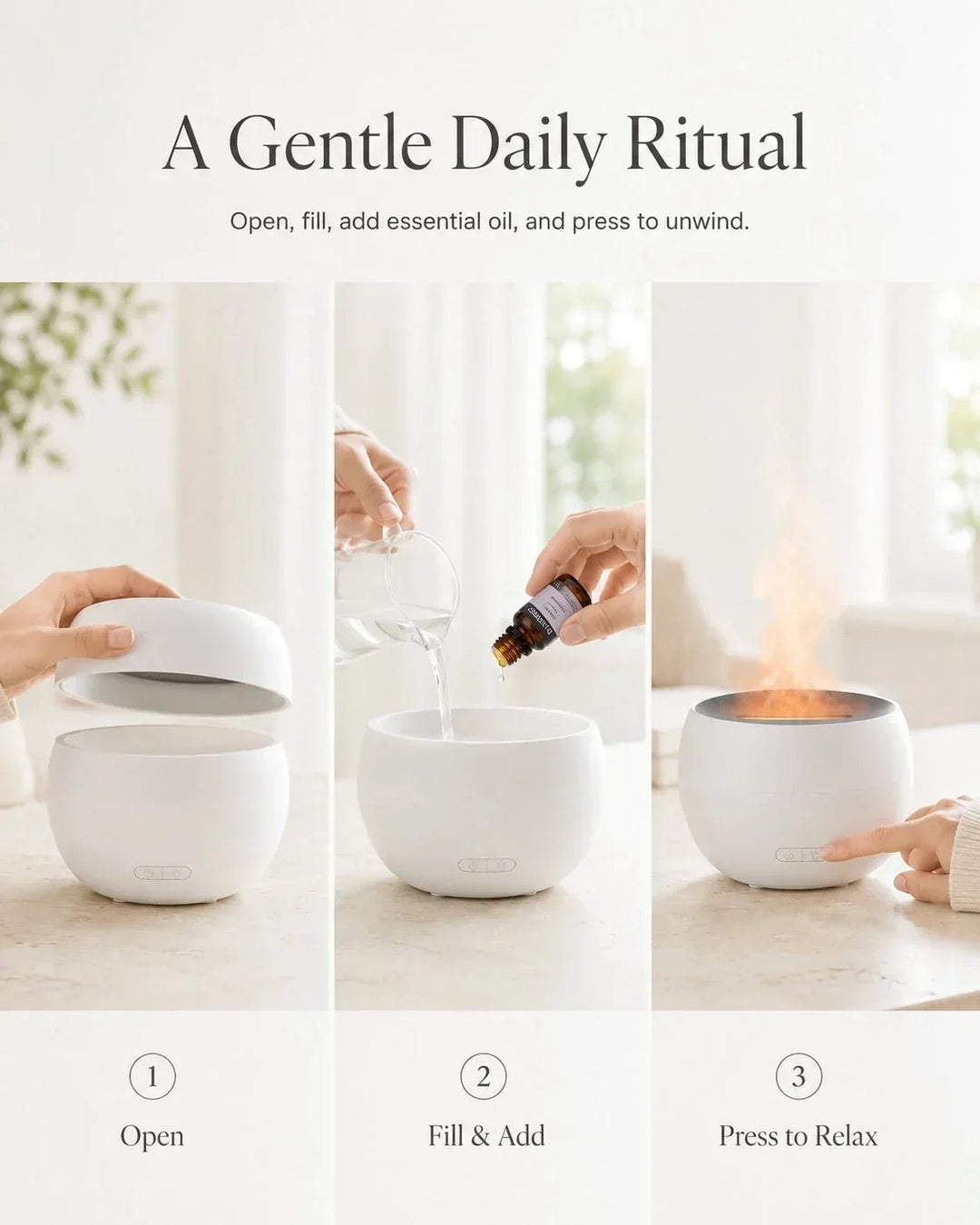 Modernster Aroma Diffusor mit realistischer Flammenprojektion. Für Entspannung, Raumduft & Heimdeko.