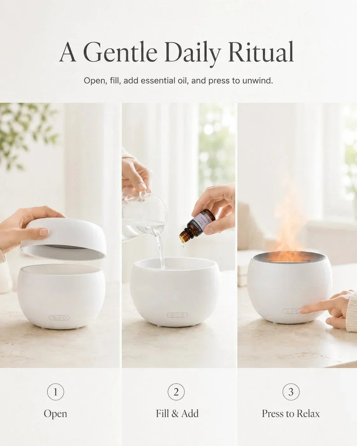 Modernster Aroma Diffusor mit realistischer Flammenprojektion. Für Entspannung, Raumduft & Heimdeko.