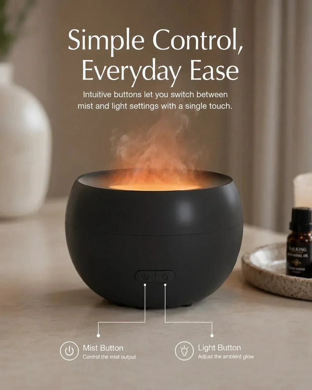 Dekorativer Aroma Diffusor mit Flammeneffekt, Ultraschall-Technologie und LED-Licht. Schafft Atmosphäre.
