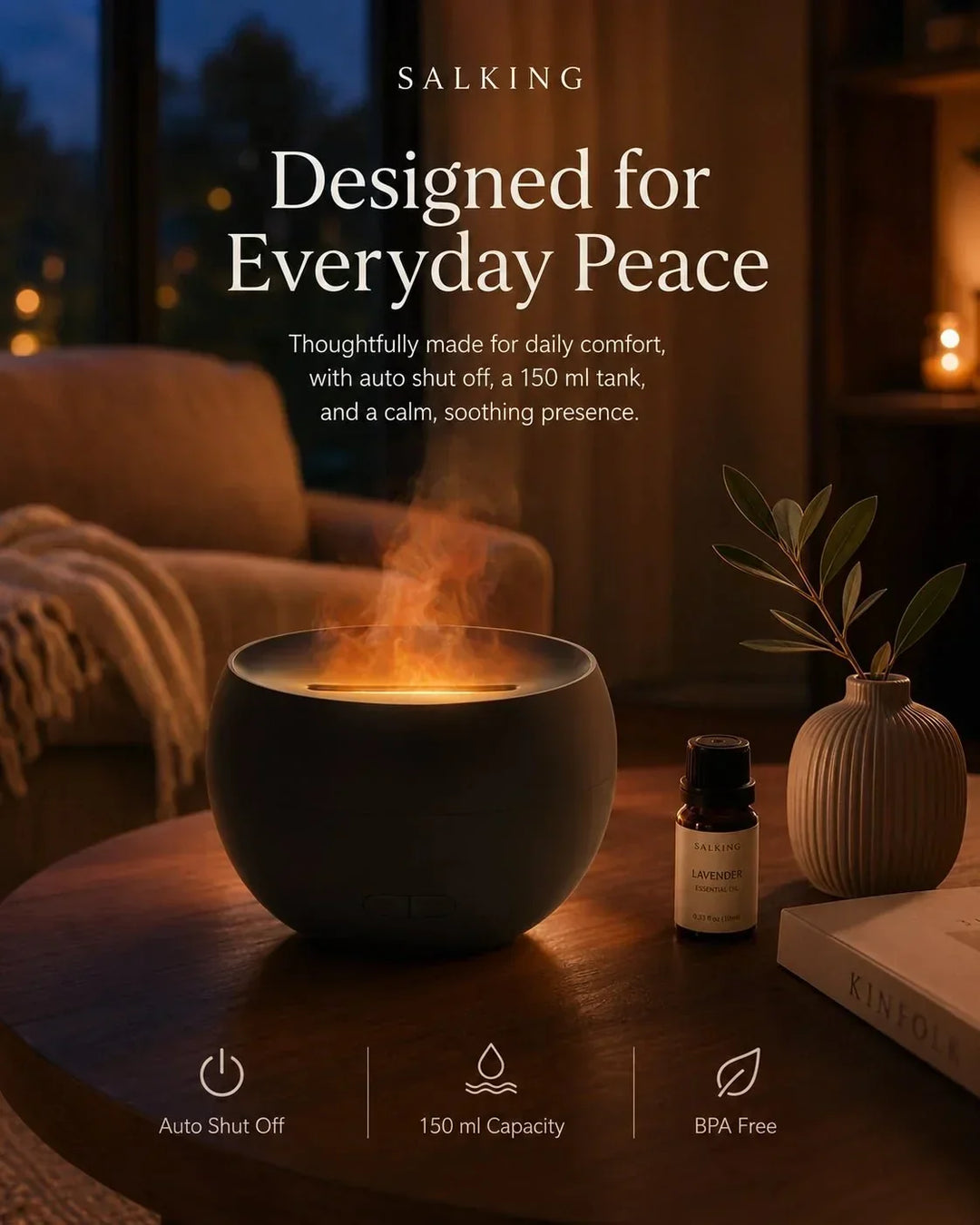 Beruhigender Aroma Diffusor (150ml) mit Flammeneffekt für Schlafzimmer. Ideal für Aromatherapie & Ruhe.