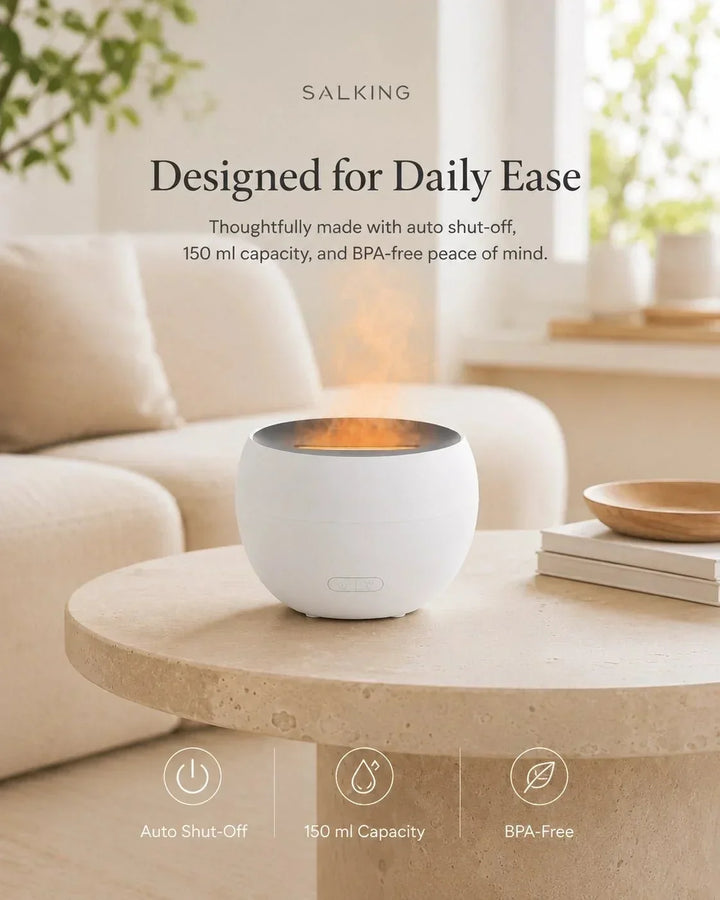 Eleganter 150ml Aroma Diffusor mit Flammeneffekt LED. Perfekt für Heimdeko und beruhigende Aromatherapie.