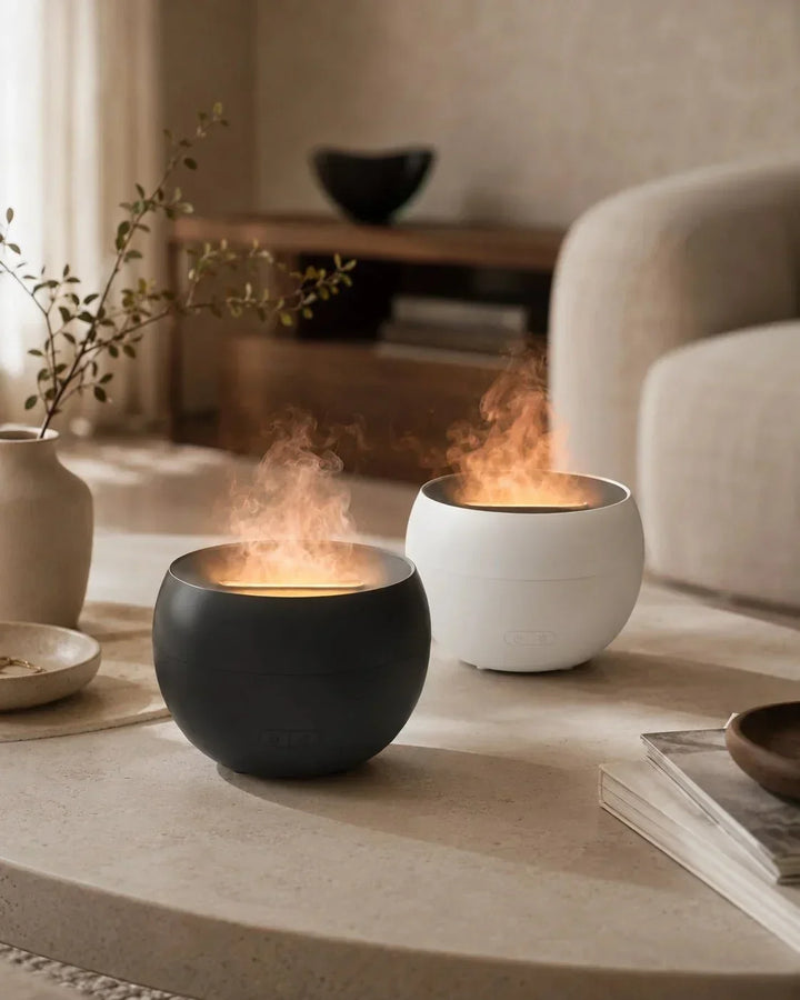Eleganter Duftdiffusor mit beruhigendem Flammeneffekt & LED-Licht. Perfekt für Aromatherapie & Entspannung.