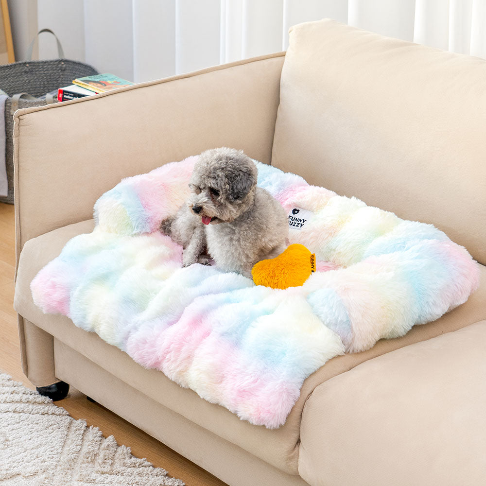 Vielseitiges Hundebett mit orthopädischem Kern, Plüsch-Oberfläche und integriertem Sofaschutz.