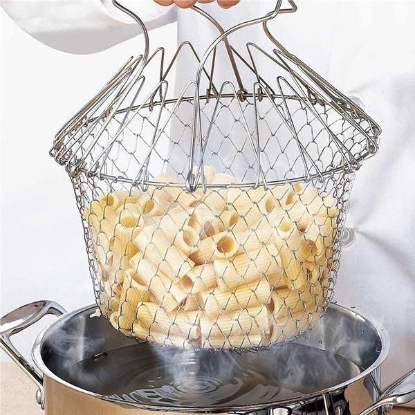 Flexibler 12-in-1 Edelstahl Küchenkorb, ideal als Fritierkorb, Dampfgarer und Sieb.