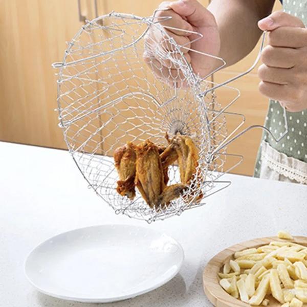 Robuster Edelstahl Kochzubehör: 12-in-1 Multifunktionskorb zum Frittieren, Dämpfen & Abseihen.
