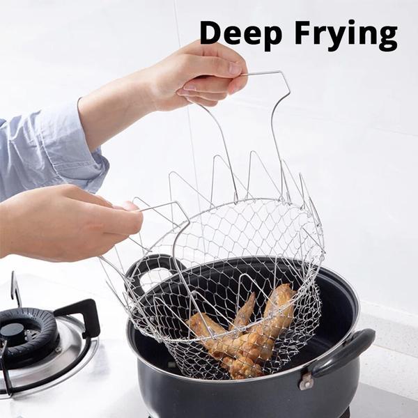 Innovativer 12-in-1 Edelstahl Küchenhelfer als Frittierkorb, Dampfgarer & Sieb. Optimiert fürs Kochen.