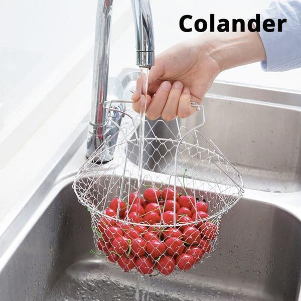 Edelstahl Dampfgarer und Sieb, flexibel einsetzbar als Küchenkorb für gesundes Kochen.