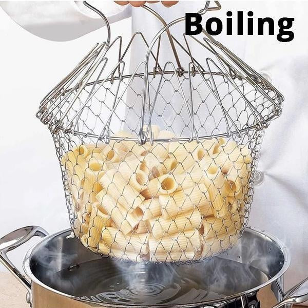 Multifunktionaler Küchenkorb aus Edelstahl, nutzbar als Sieb, Frittier- und Dampfgar-Einsatz.