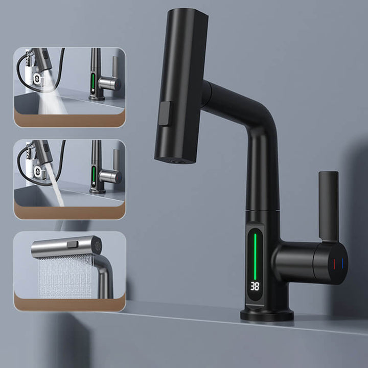Flexibler Küchen-Wasserhahn mit ausziehbarer Brause & digitaler Temperaturanzeige, modernes Messing-Design.