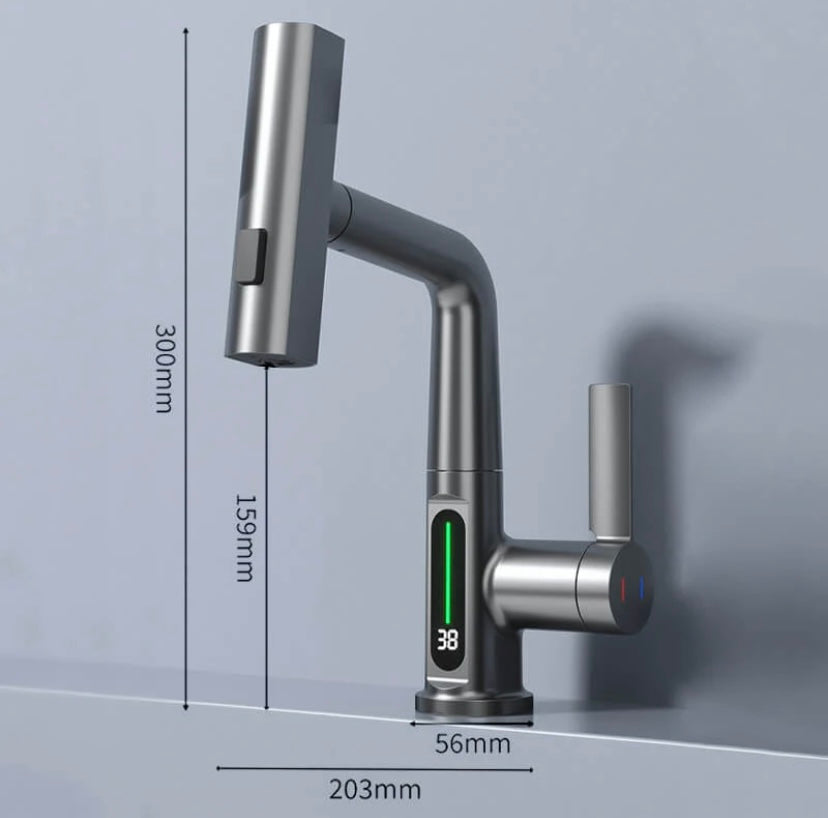 Chrom Wasserhahn mit flexibler Brause, Temperaturanzeige. 360° drehbar, ideal für Küche & Bad.