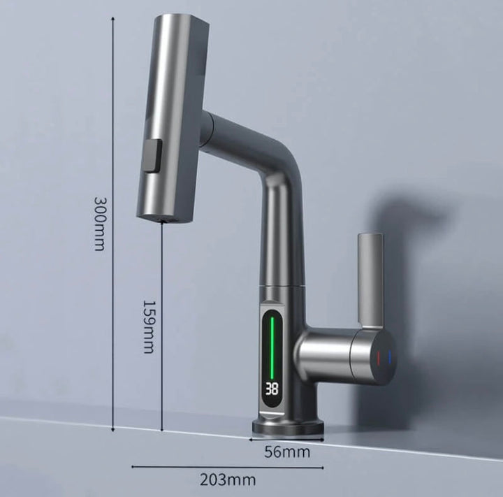 Chrom Wasserhahn mit flexibler Brause, Temperaturanzeige. 360° drehbar, ideal für Küche & Bad.