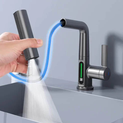 Energieeffizienter Wasserhahn, flexibel, Chrom. Mit Temperaturanzeige für Küche und Bad.