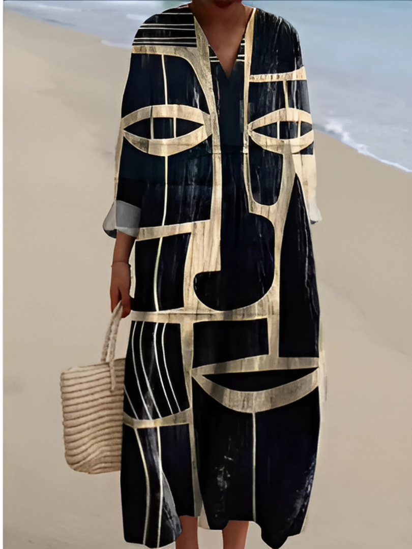 Komfortables Damen Midikleid mit einzigartigem Prism Print, ein stilvolles Sommerkleid mit modernem geometrischen Muster.