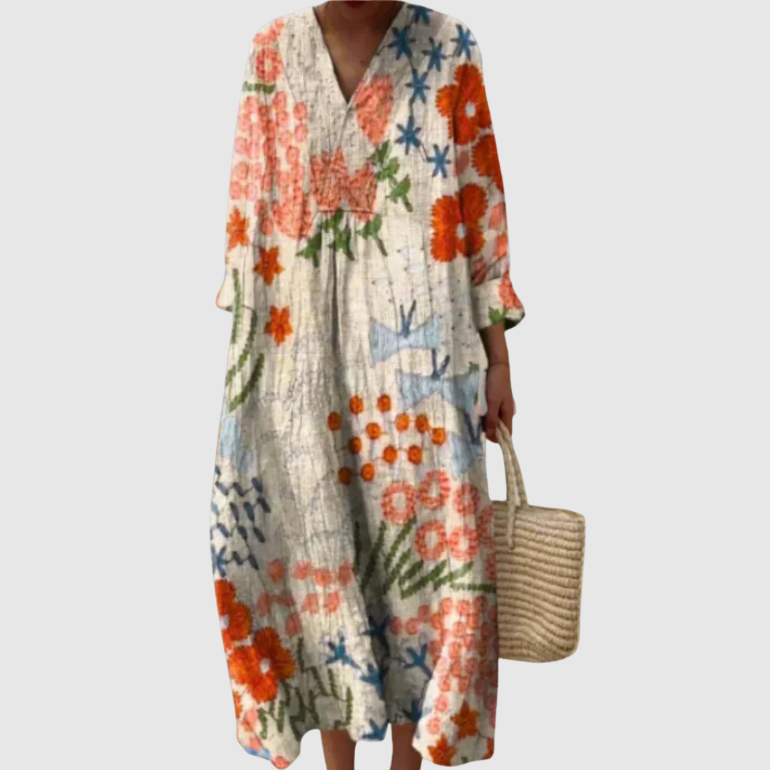 Fließendes, vielseitiges Damen Midikleid mit abstraktem Muster und V-Ausschnitt; elegantes Freizeitkleid für Frühling & Herbst.