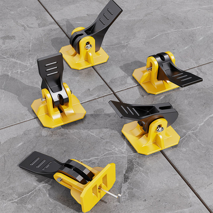 Komplettes Fliesen-Nivelliersystem mit Clips, Keilen und Zange für präzise Fliesenverlegung.
