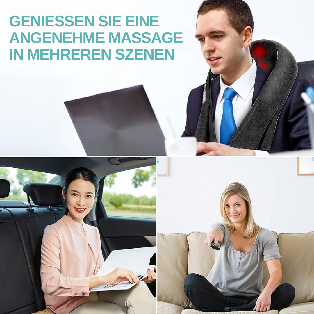 FlowRelief Shiatsu-Massagekissen im Einsatz für eine entspannende Nacken- und Schultermassage zur Muskelentspannung zu Hause.