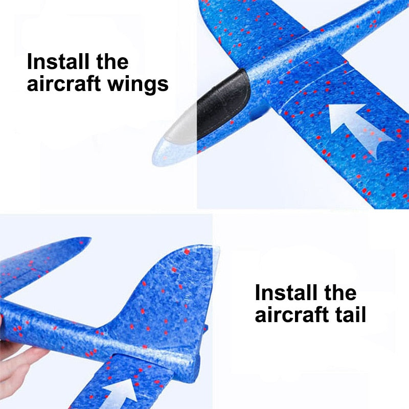 Kind startet EPP Schaumflugzeug mit Flugzeugstarter für langen Gleitflug, tolles bildschirmfreies Outdoor-Spiel.