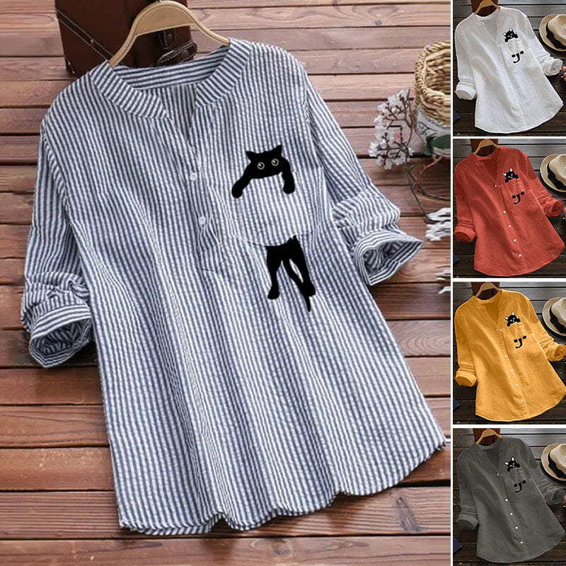 Schicke Damenbluse mit verspieltem Katzenprint und femininem V-Ausschnitt. Vielseitiges Oberteil Damen.