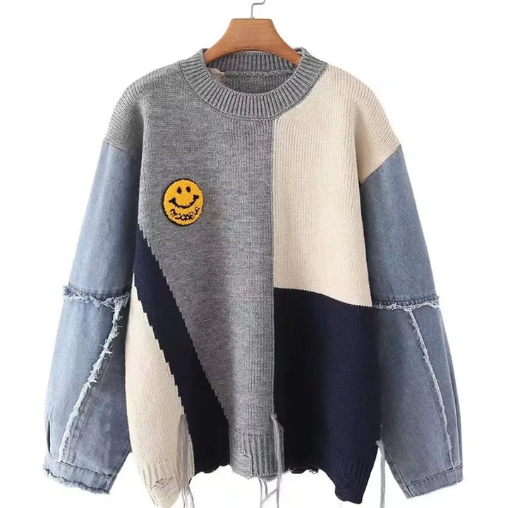 Gemütlicher Damen Patchwork Pullover Liora, modisch und langärmlig für bequemen Casual-Look im Herbst/Winter.