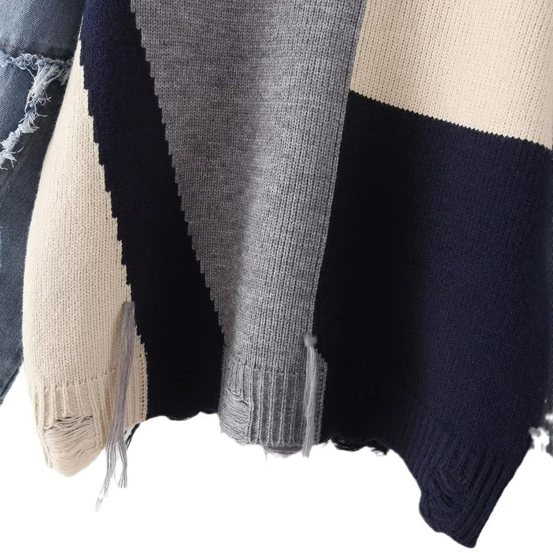 Warmer Damen Langarm Pullover Liora im Patchwork-Design, stilvoll und gemütlich für Casual-Tage.
