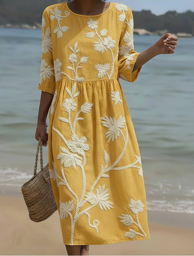 Frühlings- & Sommer Damen Midi-Kleid mit elegantem Blumen- und Pflanzenmuster. Vielseitig, komfortabel, schmeichelhaft.