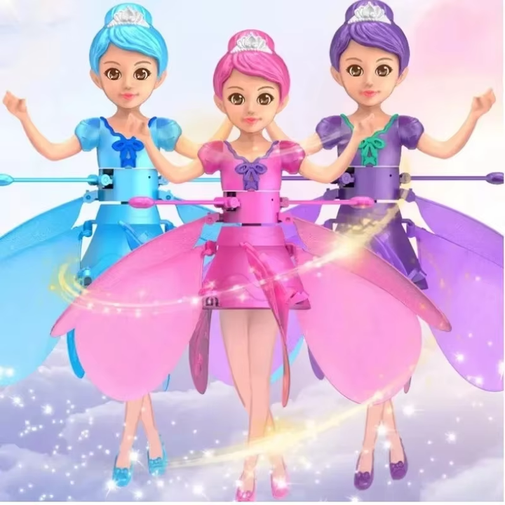 Fliegende Feenpuppe mit LED-Lichtern für Kinder. Interaktives Spielzeug mit Gestensteuerung.