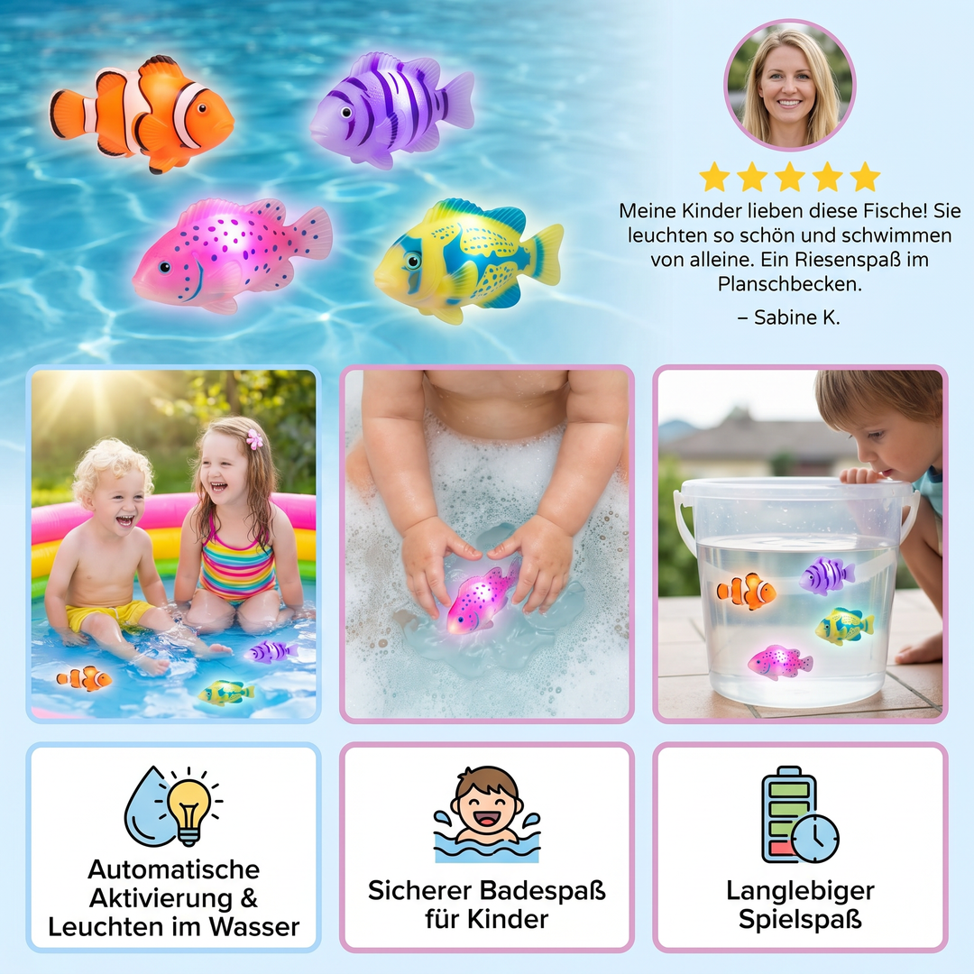 Farbenfrohes LED Badespielzeug Set für Kinder. Leuchtende Schwimmfische garantieren riesigen Badespaß.