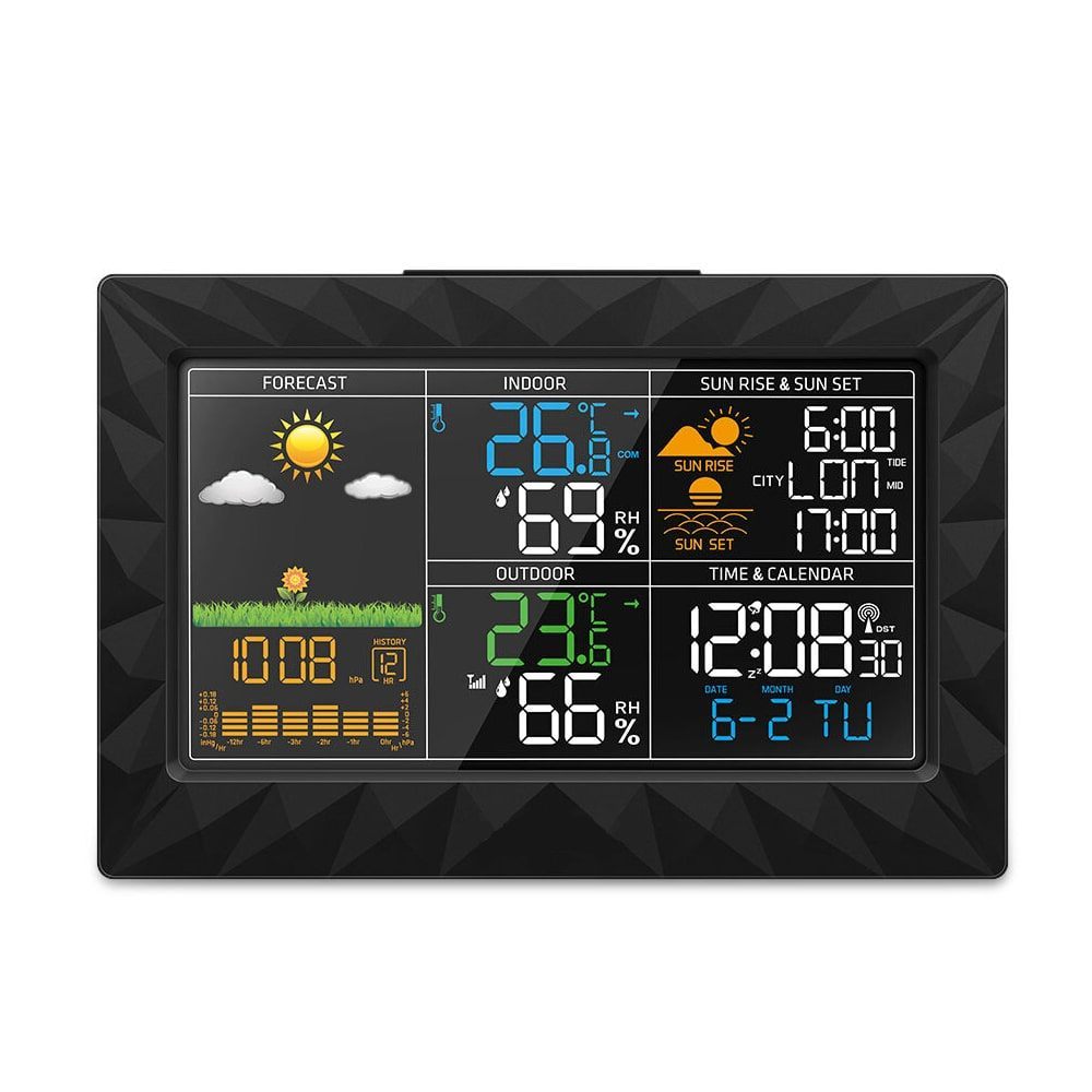 Funk Wetterstation pw260516 mit Farbdisplay für Zuhause, zeigt Temperatur, Luftfeuchtigkeit & Wettervorhersage.