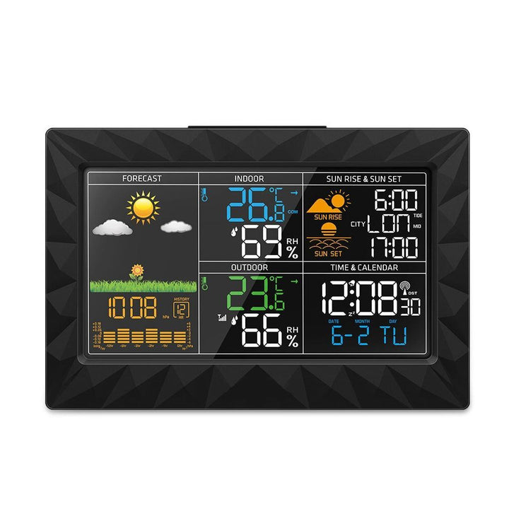 Funk Wetterstation pw260516 mit Farbdisplay für Zuhause, zeigt Temperatur, Luftfeuchtigkeit & Wettervorhersage.