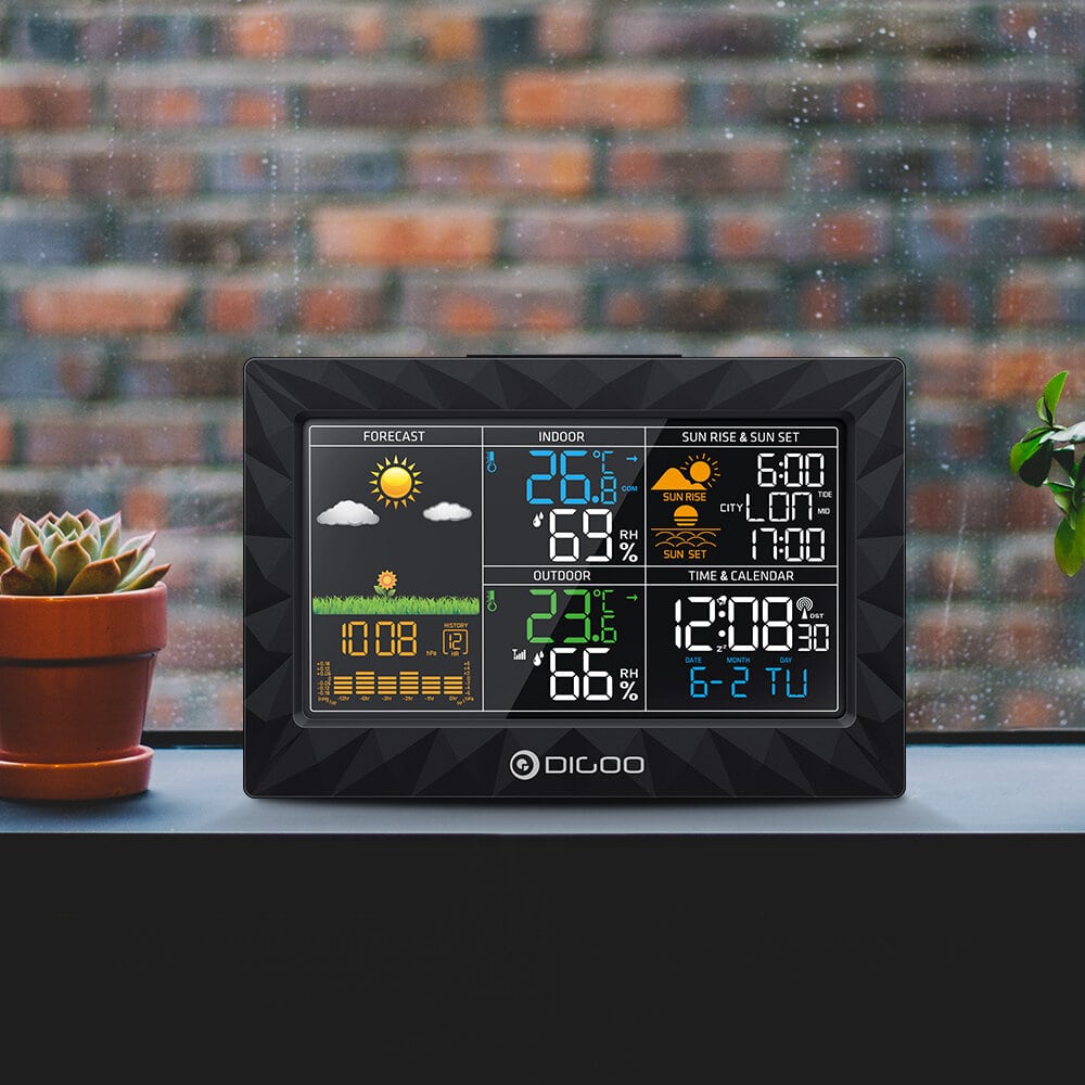 Moderne Funk Wetterstation pw260516 auf Tisch platziert, ideal für präzise Wetterdaten und Zeitmessung zuhause.