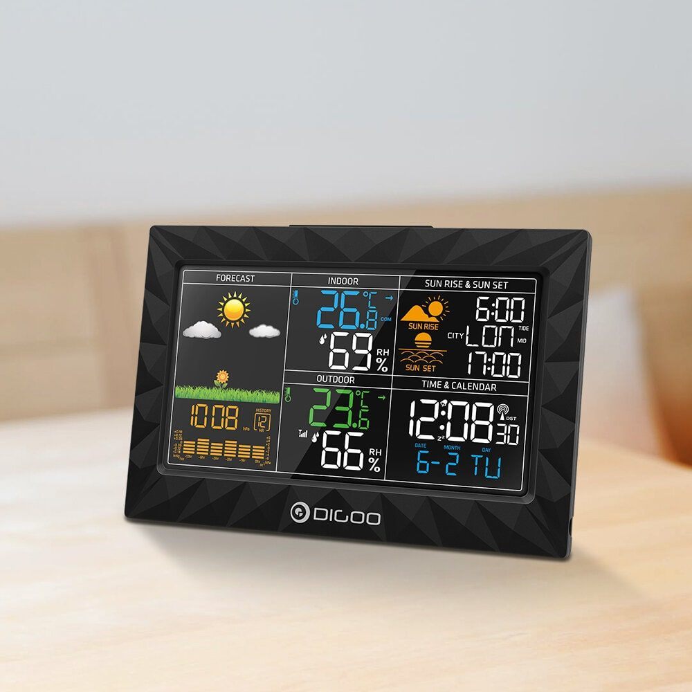Elegante Funk Wetterstation pw260516 mit schlankem Design und hellem Farbdisplay, passt in jedes Wohnambiente.
