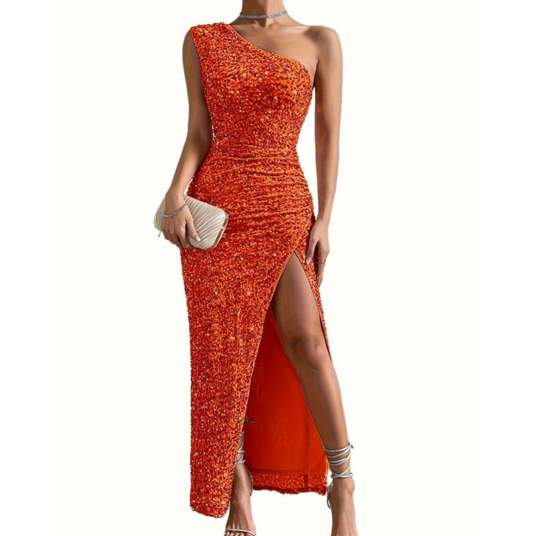 Funkelndes Damen Glitzerkleid, lang und schulterfrei, ideal für einen glamourösen Auftritt bei Events.