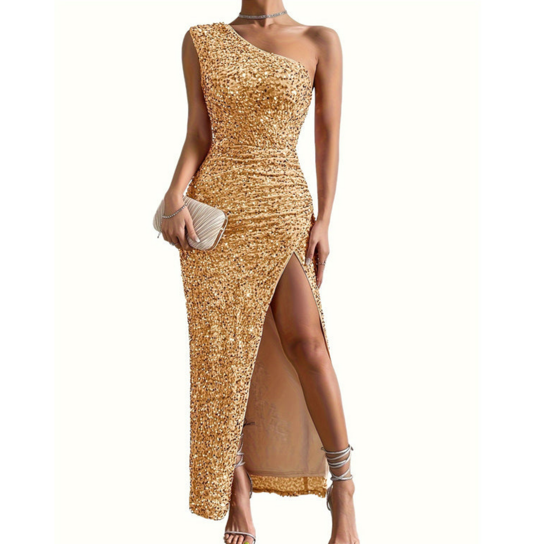 Elegantes Glitzerkleid für Damen, lang, schulterfrei, figurbetont. Perfektes Abend- & Partykleid.