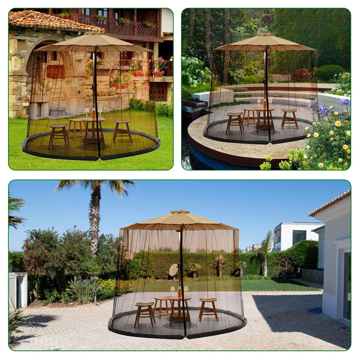 Familie genießt den Sommer unter dem Sonnenschirm-Mückennetz auf der Terrasse, geschützt vor Insekten.