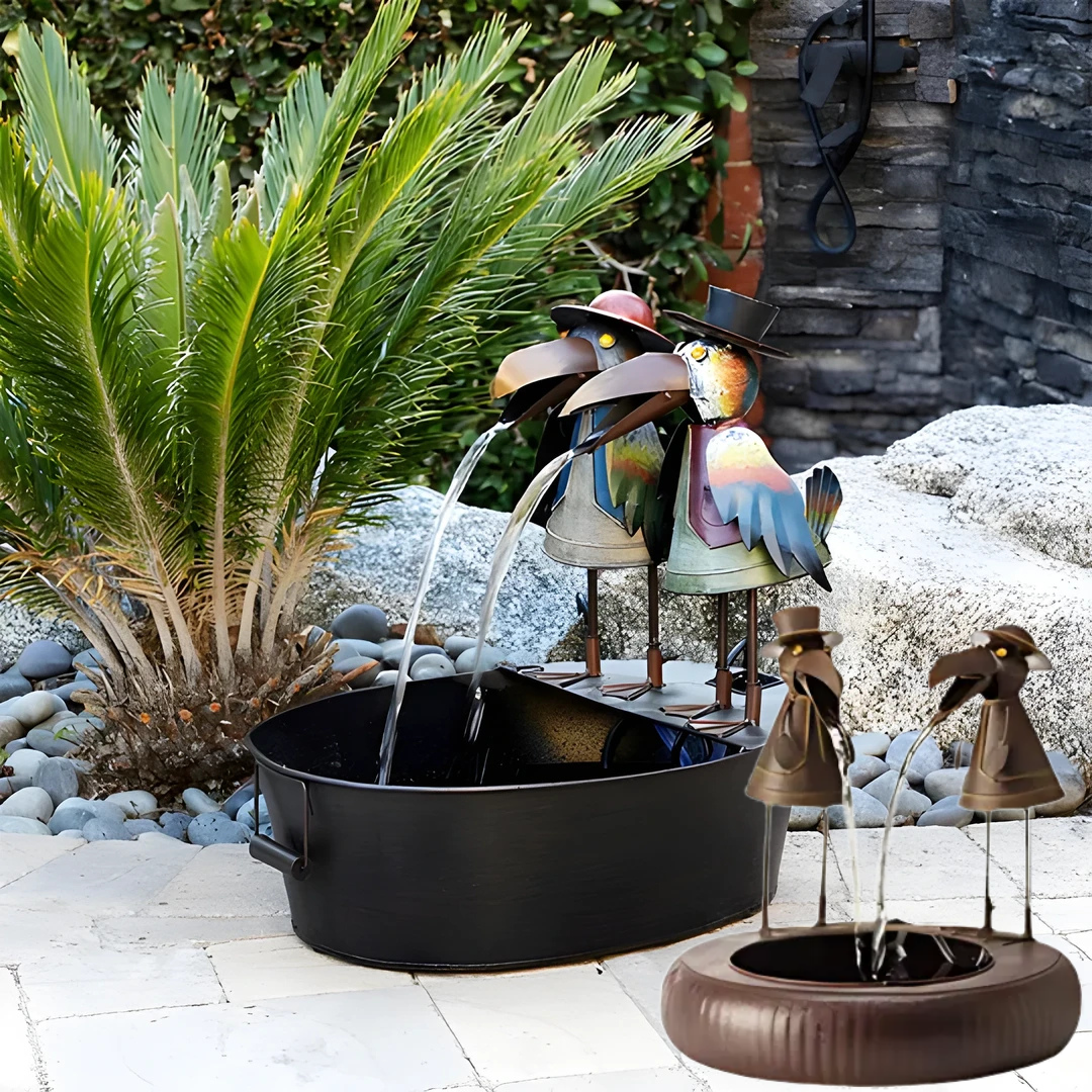 Gartenbrunnen mit Tiermotiv in Naturstein-Optik. Beruhigendes Wasserspiel für Garten & Terrasse.
