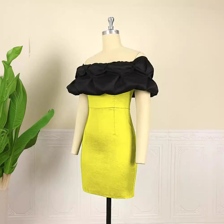 Elegantes gelbes Cocktailkleid für Damen, figurbetont mit asymmetrischem Rüschensaum. Ideal für festliche Anlässe.