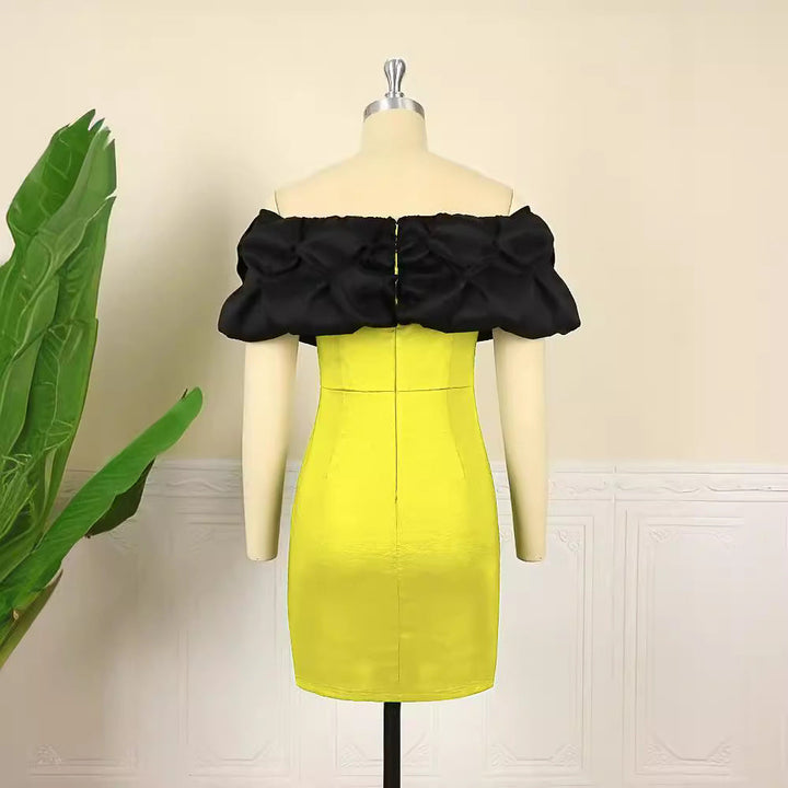 Festliches gelbes Damen-Rüschenkleid, figurbetont mit schulterfreiem Design. Ein stilvolles Abendkleid für besondere Momente.