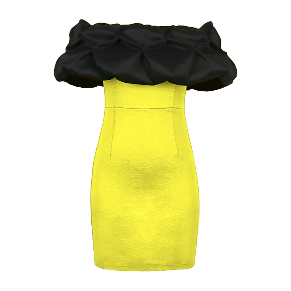 Gelbes Eleganzkleid für Damen, figurbetont mit asymmetrischem Schnitt & voluminösen Rüschen. Ein modernes Festkleid.