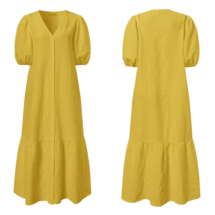 Festliches Damenkleid Maxilänge, Übergröße, V-Ausschnitt und Puffärmel. Für elegante Abendveranstaltungen.