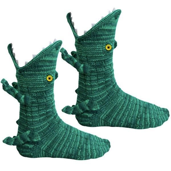 Handgemachte Unisex Strick-Krokodil-Hausschuhe. Einzigartige, gemütliche Tier-Haussocken für warme Füße im Winter.